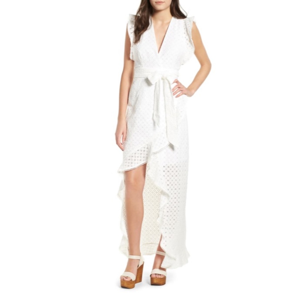 AFRM “Andrea Eyelet Ruffle Wrap Dress.”